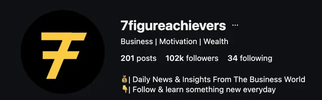 Instagram profile of @7figureachievers showing 102K followers