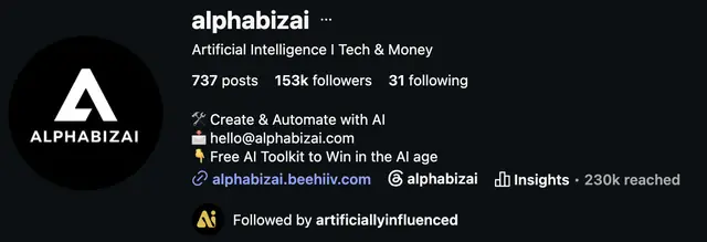 Instagram profile of @alphabizai showing 153K followers