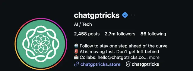 Instagram profile of @chatgptricks showing 2.7M followers