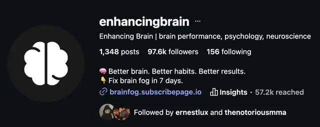Instagram profile of @enhancingbrain showing 97.6K followers