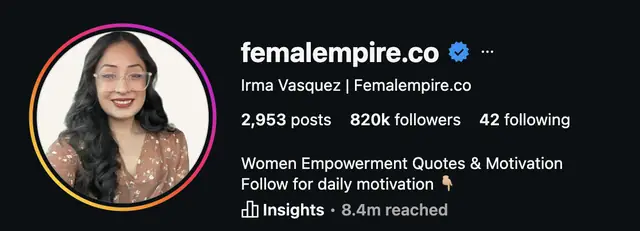 Instagram profile of @femalempire.co showing 820K followers