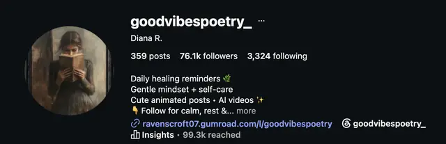 Instagram profile of @goodvibespoetry_ showing 76.1K followers