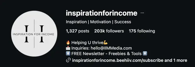 Instagram profile of @inspirationforincome showing 203K followers