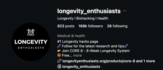 Instagram profile of @longevity_enthusiasts showing 168K followers