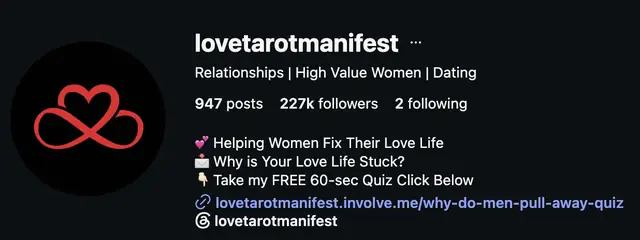 Instagram profile of @lovetarotmanifest showing 227K followers