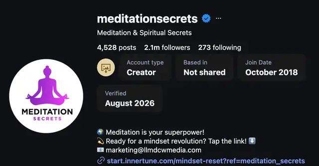 Instagram profile of @meditationsecrets showing 2.1M followers