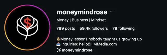 Instagram profile of @moneymindrose showing 59.4K followers