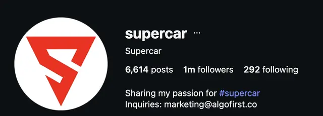 Instagram profile of @supercar showing 1M followers