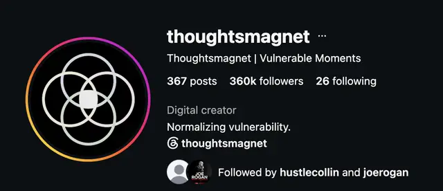 Instagram profile of @thoughtsmagnet showing 360K followers